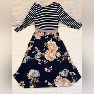 Women’s Égs Striped & Floral Midi Dress, Size S, EUC, Feminine Spring Summer
